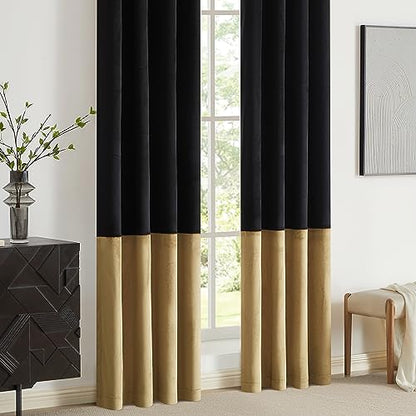 BULBUL Black Gold Color Block Window Curtains Panels 90 inches Long Velvet Farmhouse Drapes for Bedroom Living Room Darkening Treatment with Grommet Set of Black Gold | Living Room Bedroom Window Drapes,Modern Farmhouse,Room Darkening,Thermal Insulated,Gr