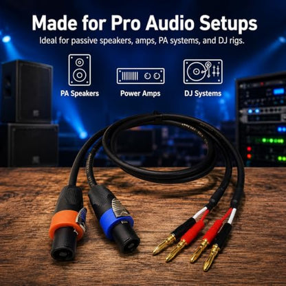 Speakon NL4FX to Banana Plug Speaker Cable 2-Pack, 12AWG 40A Heavy-Duty OFC, Twist-Lock for PA System, Live Sound, Stage, DJ, for QSC, Crown, Yamaha, JBL Amplifier