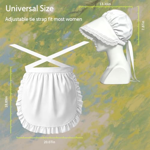 2Pcs Women Vintage Colonial Costume Accessory Set, White Bonnet & Waist Apron, Pioneer Amish Pilgrim Cosplay Outfit for Adult Halloween Renaissance Fair