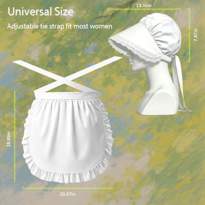 2Pcs Women Vintage Colonial Costume Accessory Set, White Bonnet & Waist Apron, Pioneer Amish Pilgrim Cosplay Outfit for Adult Halloween Renaissance Fair
