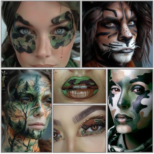 Black Green Brown Camo Face Paint with Brushes Set, Water Based Face Painting Kit for Camouflage Military Hunting & Paintball, Facepaint for Kids & Adults Halloween Special FX Cosplay Costume Makeup - color: Black+Green+Brown+3Pcs Brushes