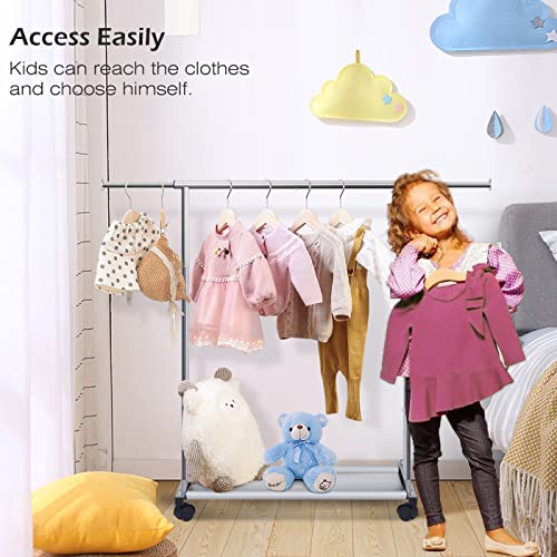 MISSLO Short Clothing Racks for Hanging Clothes with Bottom Shelves and Wheels Heavy Duty Rolling Clothes Rack Kids Clothing Rack for Adult Coat, Closet, Wardrobe - color: Silver