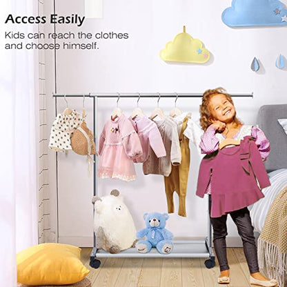 MISSLO Short Clothing Racks for Hanging Clothes with Bottom Shelves and Wheels Heavy Duty Rolling Clothes Rack Kids Clothing Rack for Adult Coat, Closet, Wardrobe - color: Silver