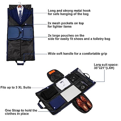 Convertible Garment Bags for Travel, Large Suit Bag Garment Duffle Bag with Shoulder Strap & Shoes Compartment, Carry On Garment Bag for Men Women-2 in 1 Hanging Suit Bags for Travel, Blue - color: Blue