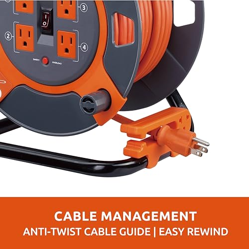 Link2Home 80 Ft. Extension Cord Reel, 4 Power Outlets, 14 AWG SJTW | Heavy-duty cable, high-visibility jacket, ideal for job sites and garages - size: 80 feet