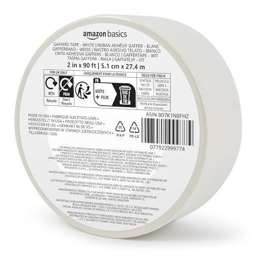Amazon Basics No Residue, Non-Reflective Gaffers Tape, Multipurpose for Photography, Filming, Electrical Cords, 2 inch x 90 feet, White - color: White, size: 2" x 90'