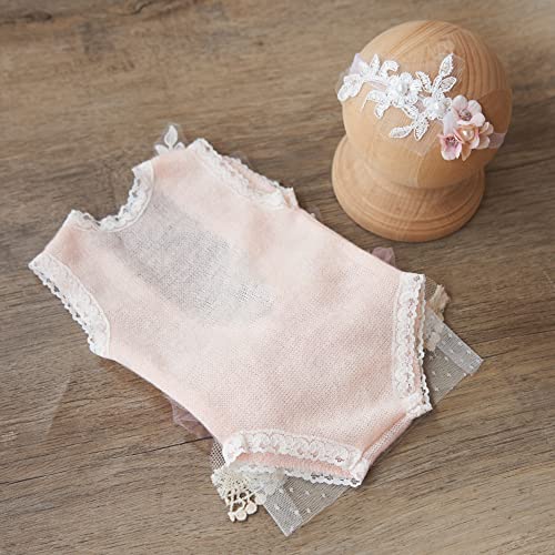 Zeroest Baby Girls Photography Lace Outfits & Props | Newborn Girl Photo Shoot Set with Romper, Headbands, Infant Photoshoot Prop - color: Pale Peach