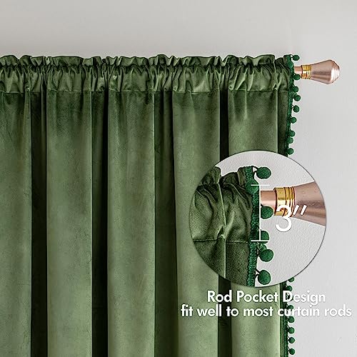 MIULEE Olive Green Pom Pom Velvet Blackout Curtains W52 x L63, Set of 2 | Rod Pocket Curtains,Thermal Insulating,Blackout Curtains for Bedroom/Home Theater/Living Room Darkening - color: Olive Green, size: 52"W x 63"L (Pack of 2)
