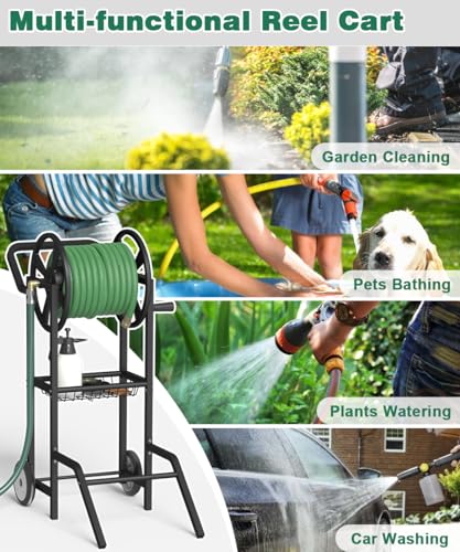 Hose Reel Cart with 2 Wheels, Garden Water Hose Holder Heavy Duty Powder Coated Steel Outdoor Winder Storage Holds 125 ft 5/8" Hoses with Basket and 3.9ft Leader Hose for Backyard, Black - color: Black