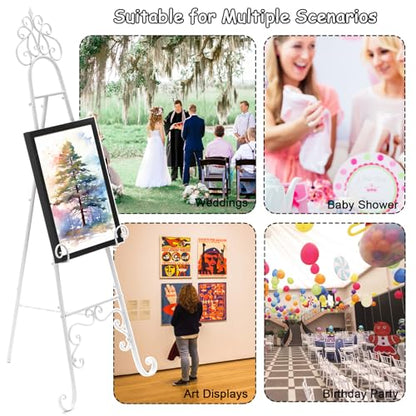 59" H Metal White Large Adjustable Easel Stand for Wedding Sign | Metal Free Standing Scroll Display Easel for Wedding Sign Mirror Picture Poster Holder Showcasing