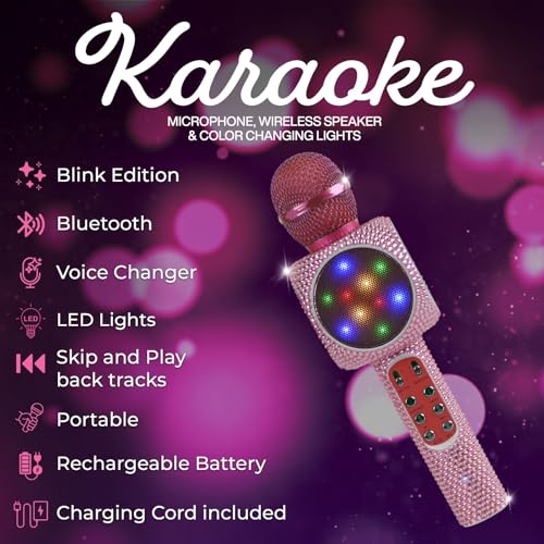 Sing-Along Bling Bluetooth Karaoke Microphone with LED for Karaoke Speaker | Rechargeable Bedazzled Microphone, Wireless Karaoke Microphone with LED Lights, SD Card Slot, Skip Tracks - Confetti Bling - color: Pink Bling