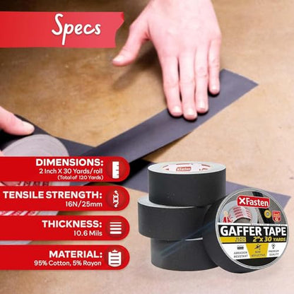 XFasten Black Gaffers Tape - 2 Inch x 30 Yards (4-Pack, 360ft) Residue-Free Matte Black Gaffer Tape for Electrical Cords - size: 2 Inches x 30 Yards (4-Pack 360-Feet)