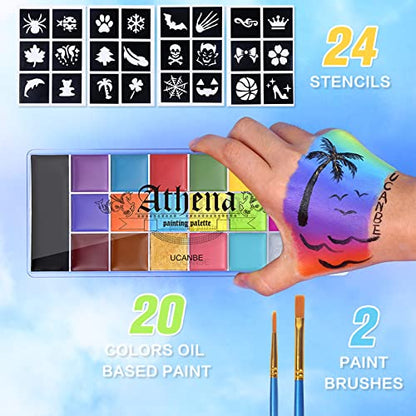 UCANBE Athena Face Body Painting Kit - 20 Color Large Deep Pan Paint, 24 Stencils, 2pcs Brushes, Professional Oil Based SFX Makeup Palette for Art, Theater, Halloween, Parties and Cosplay - color: Set #2