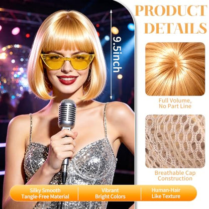 Short Bob Straight Hair Wigs with Bangs, Synthetic Fiber Colorful Hair, Cat Eye Glasses for Women (Deep Gold) - color: Deep Gold