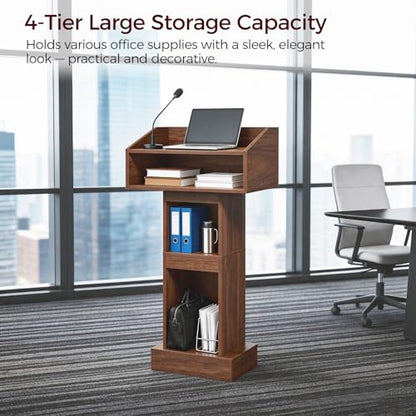 MAHANCRIS Podium Stand, Lectern with 4-Tier Storage, Pulpit with Reinforced Base for Church, Laptop Desk for Classroom, Office, Meeting Room, Easy Assembly, Walnut LPWA5801
