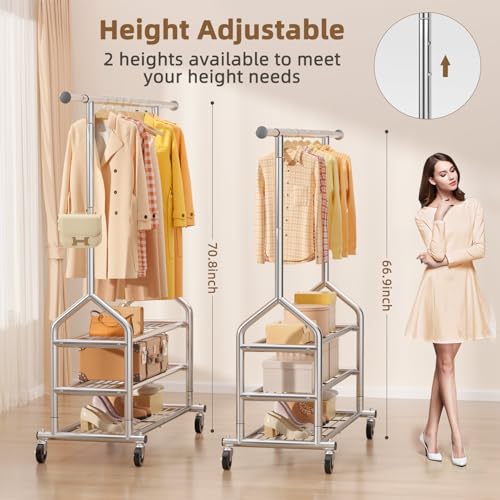 EAGMAK Heavy Duty Clothes Rack Load 688 LBS, Rolling Clothing Rack With 3 Shelves, Adjustable Metal Clothes Hanger with Wheels Portable Wardrobe Organizer Garment Rod for Hanging Clothes (Silver) - color: Silver, style: 3 Shelves