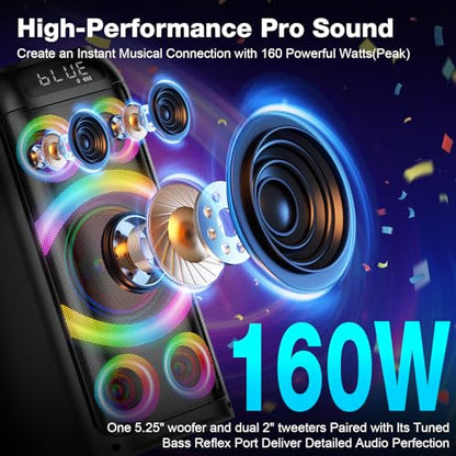 Bluetooth Speaker, 160W Peak Powerful Loud Stereo Sound Deep Bass Wireless Boombox Portable Large Party Speakers with Subwoofer TWS Pairing Dynamic LED Light for Outdoor Camping Backyard Events