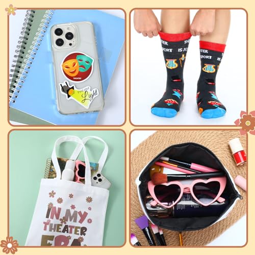 104 Pcs Theater Gifts Set for Women Men Aesthetic Waterproof Stickers Socks Canvas Tote Bag Makeup Bag Keychain for Theaters Lovers Music Actor Actress Theatre Mask Presents Prom Gift