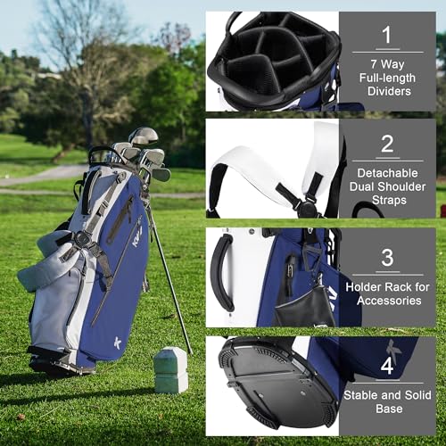 KVV Lightweight Golf Stand Bag with 7 Way Full-Length Dividers, 5 Zippered Pockets, Automatically Adjustable Dual Straps，Elegant Design - color: Blue/White