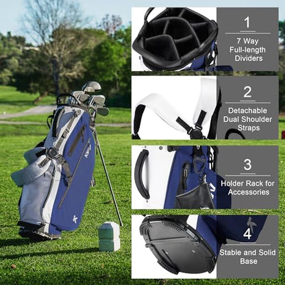 KVV Lightweight Golf Stand Bag with 7 Way Full-Length Dividers, 5 Zippered Pockets, Automatically Adjustable Dual Straps，Elegant Design - color: Blue/White