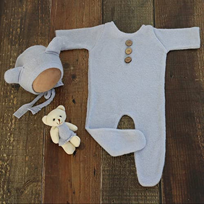 Zeroest Newborn Photography Bear Outfit Baby Photoshoot Props | New Born Boy Girl Hat Clothes Set, Infant Photo Prop Outfits - color: Light Blue