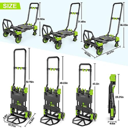 Folding Hand Truck Dolly, 330lb Convertible 4 to 2 Wheel Moving Cart, Green | Dolly Cart with Retractable, Aluminum Alloy & Cast Iron Build, Nylon Wheels,Compact Fold,for Moving,Office,Delivery,Outdoor - size: 330LB Green