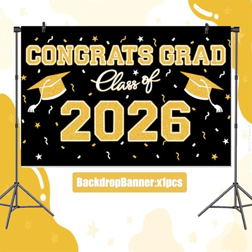 Graduation Party Backdrop 39x59 Inches, Black Gold Theme Class of 2026 Photo Booth Background for Commencement - style: Black Gold Backdrop