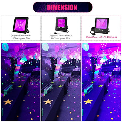 150W LED Black Light with Glow Tapes, 410nm UV Flood Lights with 10ft Cable & Plug, IP66 Waterproof, for Halloween Glow Party, Stage, Aquarium, Body Paint, Fluorescent Poster, 120V