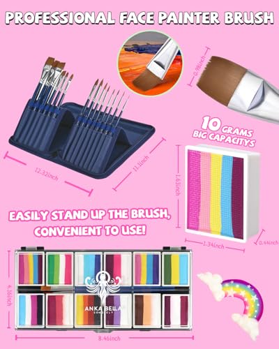 Anka Bella Professional Face Painting Kit，Water Activated Non Toxic | water based,for sensitive skin,washable,with brushe and stencil,easy to remove,hypoallergenic,for halloween/parties,12X10gm - color: Rainbow Valley set