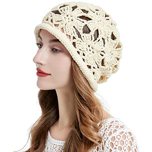 ZLYC Women Cotton Crochet Slouchy Beanie Hat Handmade Knit Summer Skull Cap | Lightweight breathable,boho casual chic look,travel photos festival party,café commute daily wear,beach concert gathering - color: Crochet Beige