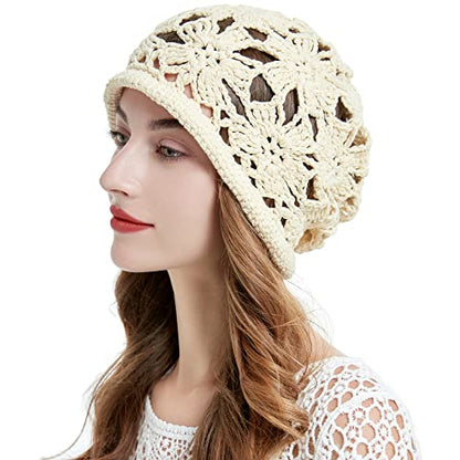 ZLYC Women Cotton Crochet Slouchy Beanie Hat Handmade Knit Summer Skull Cap | Lightweight breathable,boho casual chic look,travel photos festival party,café commute daily wear,beach concert gathering - color: Crochet Beige