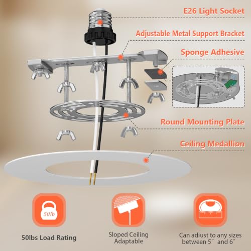 Can Light Conversion Kit to Pendant - Recessed Light Converter Kit with E26 Socket Adapter, Mounting Bracket, Round White Cover Plate - 6" Recessed Light Conversion Kit for Pendant Light Fixtures - color: White-1pc