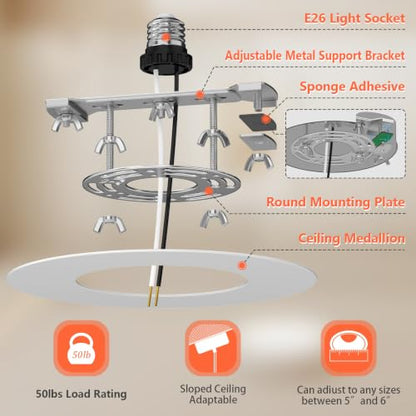 Can Light Conversion Kit to Pendant - Recessed Light Converter Kit with E26 Socket Adapter, Mounting Bracket, Round White Cover Plate - 6" Recessed Light Conversion Kit for Pendant Light Fixtures - color: White-1pc