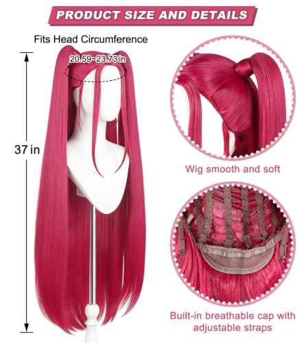 Hot Pink Cosplay Wig for Adults, Long Straight Wig with 2 Ponytails | Long hot pink synthetic hair wig for anime cosplay, Halloween, carnival, costume parties, and adult dress-up looks. - color: Pink