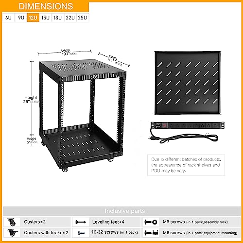 RIVECO 12U Network Rack with Reinforced Top Cover - 4 Post Floor Rack on Wheels for 19" Equipment & Stereo Gear- Including Rack Mount Power Strip & 1PCS 1U Rack Shelf - size: 12U