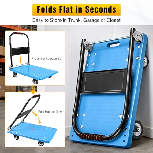Platform Cart 880 lbs Heavy Duty Push Cart Dolly with 5 Inch TPR Wheels 36 x 24 Inch PP Deck Flatbed Cart Platform Truck for Home Garage Warehouse Use Black - color: 880 Lbs|blue|36x24 Inch