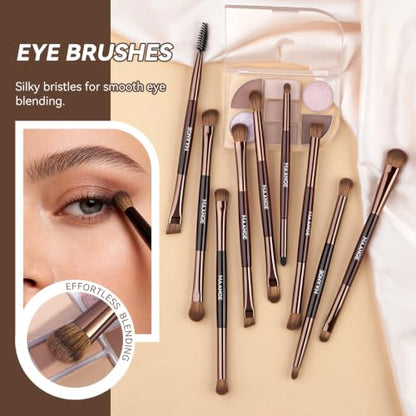 MAANGE 13 Pcs Foundation Makeup Brush Set With Bag, Make up Brushes, Double-End Multi Functional Makeup Brushes, Professional Face Brush Set Tools For Liquid Powder Concealer Cream Blush (Brown) - color: Brown
