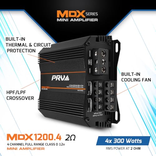 PRV Audio MDX1200.4 2 Ohm Mini 4 Channel Car Audio Amplifier 4 x 300 Watts RMS at 2 Ohm - 1200 Watt 12 Volts Bridgeable Amp for Powersports, Motorcycles, ATV, for High Power Stereo Speaker Systems