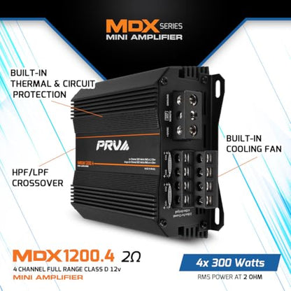 PRV Audio MDX1200.4 2 Ohm Mini 4 Channel Car Audio Amplifier 4 x 300 Watts RMS at 2 Ohm - 1200 Watt 12 Volts Bridgeable Amp for Powersports, Motorcycles, ATV, for High Power Stereo Speaker Systems