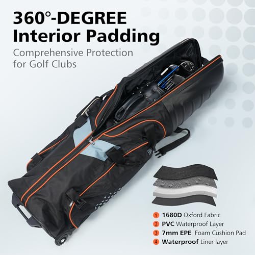 Golf Travel Bags for Airlines with Wheels, Hard Case Top and 1680D Heavy Duty Oxford Protect Golf Clubs, Lightweight and Easy to Maneuver - color: Black & Orange