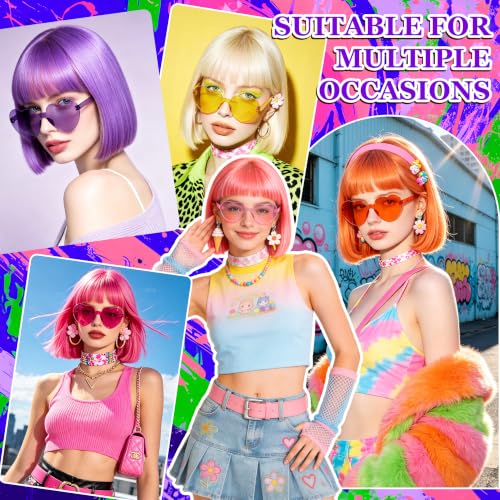 Short Bob Straight Hair Wigs with Bangs, Synthetic Fiber Colorful Hair, Heart-shaped Sunglasses for Women (Blue-Purple) - color: Blue-Purple