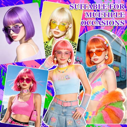 Short Bob Straight Hair Wigs with Bangs, Synthetic Fiber Colorful Hair, Heart-shaped Sunglasses for Women (Blue-Purple) - color: Blue-Purple