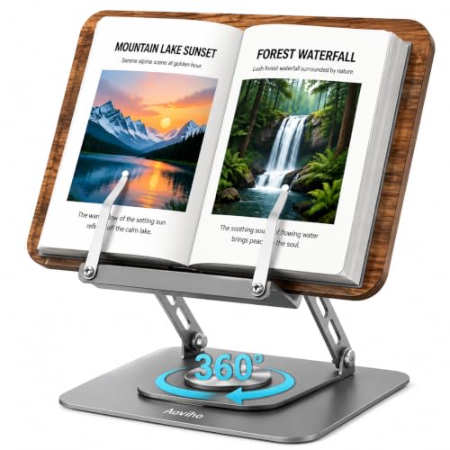 Aoviho Book Stand for Reading, 360° Rotating Book Holder with Page Clip | Adjustable Height & Angle, Anti-Slip Base, Fits Books, Tablets, Cookbooks & Magazines, Wood & Metal Construction
