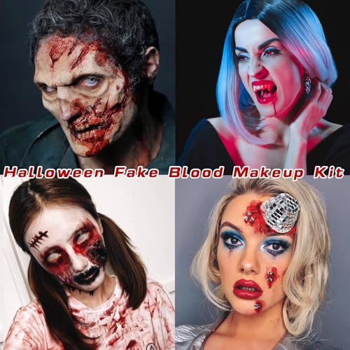 4PCS Fake Blood Makeup Kit, Washable Fake Blood Spray 2.1oz, Dripping Blood 2.1oz, Coagulated Blood 1.06oz and One Stipple Sponge, Halloween SFX Makeup for Zombie,Vampire and Monster Cosplay - color: Fake Blood Makeup Kit (4 Pieces)