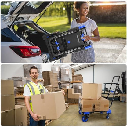 Folding Hand Truck Dolly,330lb Cart+1 Folding Basket,4to2 Wheel Moving Blue | Dolly Cart with Retractable, Aluminum Alloy & Cast Iron Build, Nylon Wheels,Compact Fold,for Moving,Office,Delivery,Outdoor - size: 330LB Blue-B