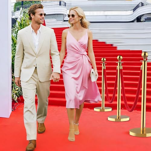 6 Pack Stanchions Set with 4 Velvet Ropes, Stainless Steel Crowd Control Barriers for Party, Wedding, Event Supplies – Gold - size: with Red Carpet