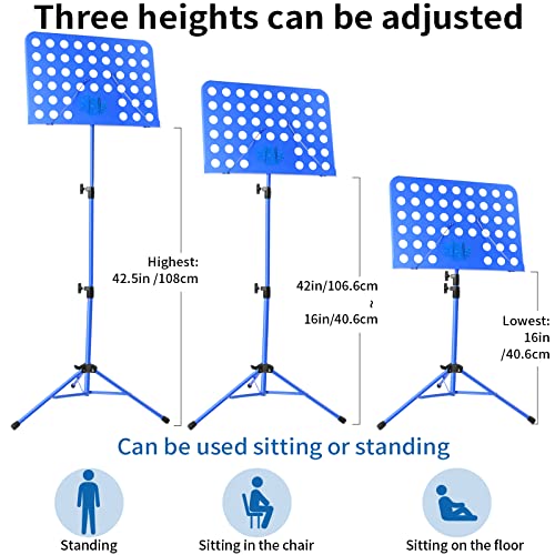 lotmusic Blue Music Stand, Portable Music Sheet Stand, Foldable and Height-Adjustable Music Stand with Bag, Sheet Music Clip, Light, Suitable for Playing Musical Instruments and Traveling Out - color: Blue Music stand