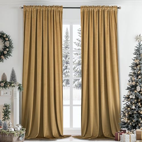 SimpleHome Golden Brown Velvet Curtains 90 Inch for Living Room Rod Pocket | Luxury Blackout Velvet Curtains,Thermal Insulated 2 Panels Room Darkening Drapes,Velvet Bedroom Curtains,W52 x L90,2 Panels - color: Golden Brown, size: 52"W x 90"L (Pack of 2)