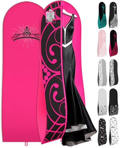 Your Bags Women’s Dress and Gown Garment Bag -72”x24” and 10” Tapered Gusset Prom Bags (Hot Pink and Black Tiara Panel) - color: Hot Pink and Black Tiara Panel