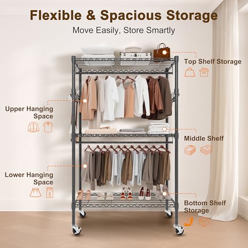 Whitmor 3 Tier Rolling Garment Rack, Heavy Duty Adjustable Metal Clothing Rack with Side Hooks, Double Rods & 360° Lockable Wheels, Max 600LBS for Hanging Clothes, 35.4" L x 16" W x 77" H, Black